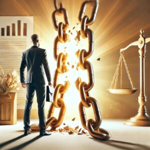 Persona rompiendo cadenas que simbolizan la exoneración de deudas gracias a la Ley de Segunda Oportunidad