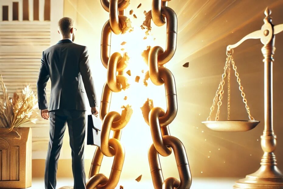 Persona rompiendo cadenas que simbolizan la exoneración de deudas gracias a la Ley de Segunda Oportunidad